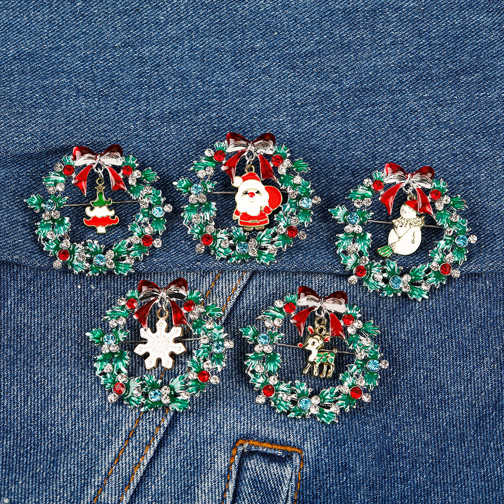 Vintage Collectible Santa - Kolekcja wieńców bożonarodzeniowych Emaliowane kryształowe broszki