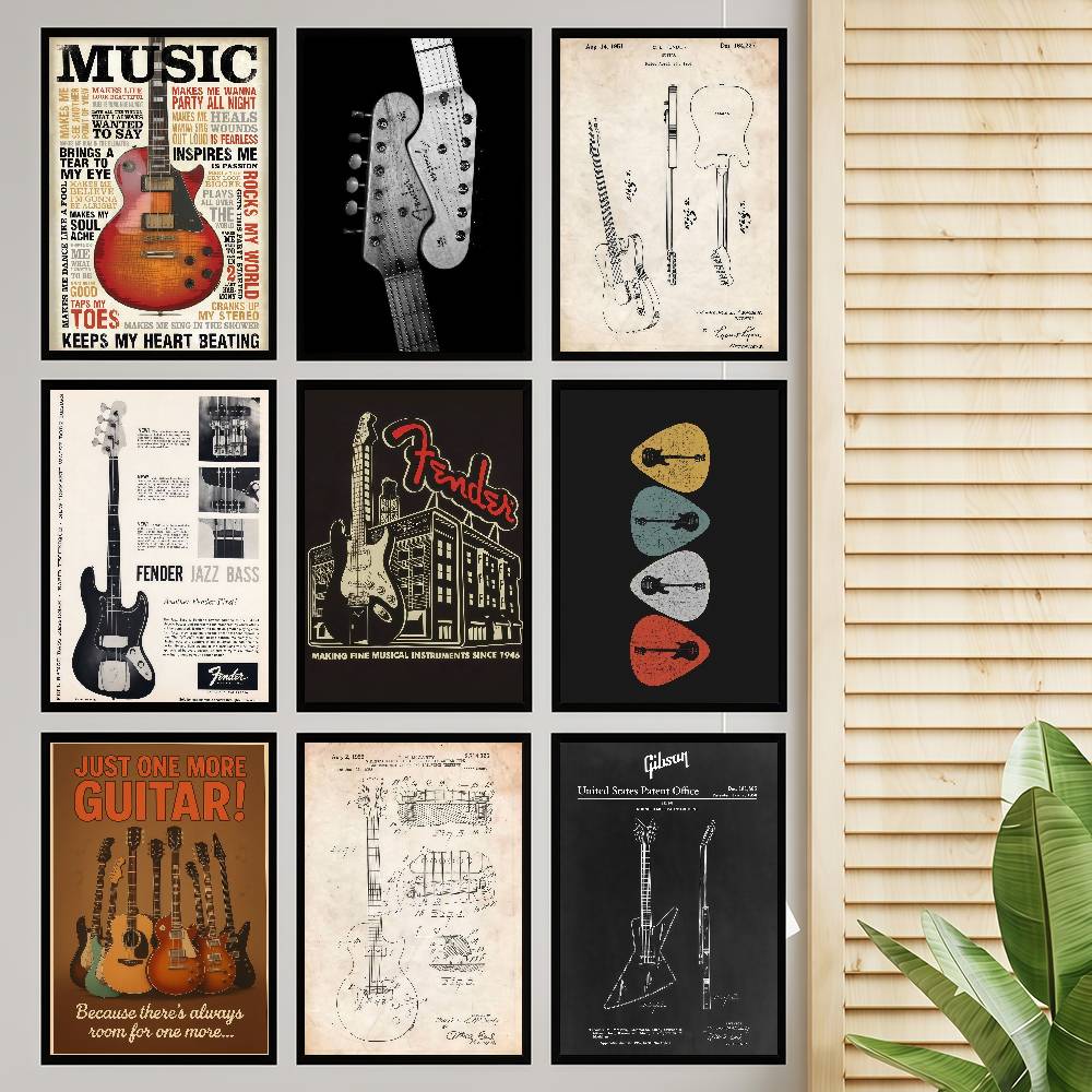 Vintage Collectible Posters - Samoprzylepny plakat artystyczny z kolekcją gitar,