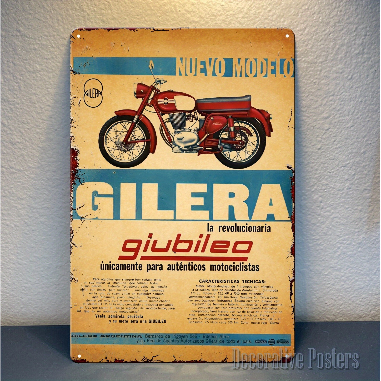Vintage Collectible Posters - Metalowy plakat motocyklowy Gilera w stylu