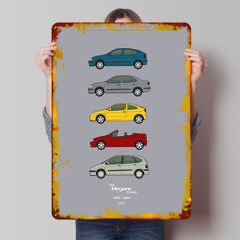 Vintage Collectible Posters - Kolekcja samochodów sportowych Megane 1995-1999, plakat